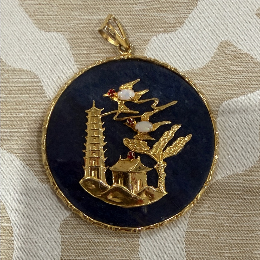 Gold and Blue Pendant with Asian Design